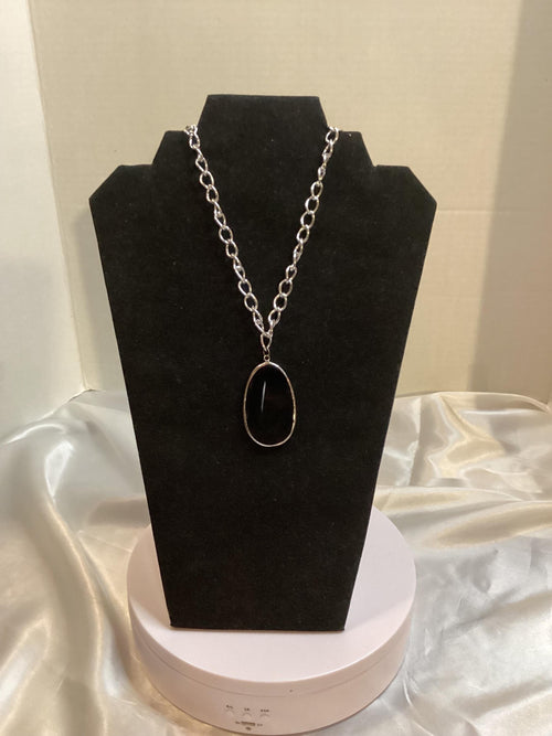 16” Silver-toned Chain w/Black Faux Onyx Pendant