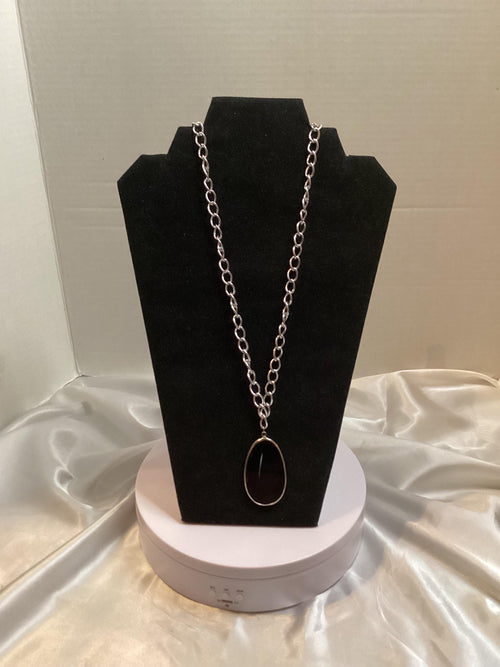 16” Silver-toned Chain w/Black Faux Onyx Pendant