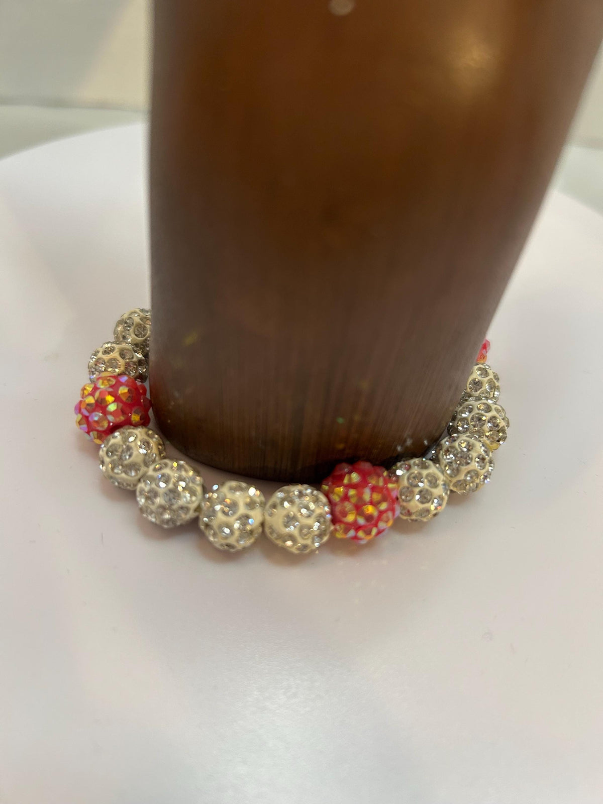 Elegant Silver & Red Rhinestone Beaded Stretch Bracelet