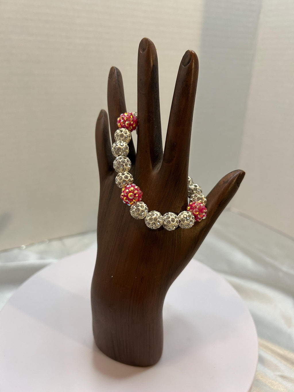 Elegant Silver & Red Rhinestone Beaded Stretch Bracelet