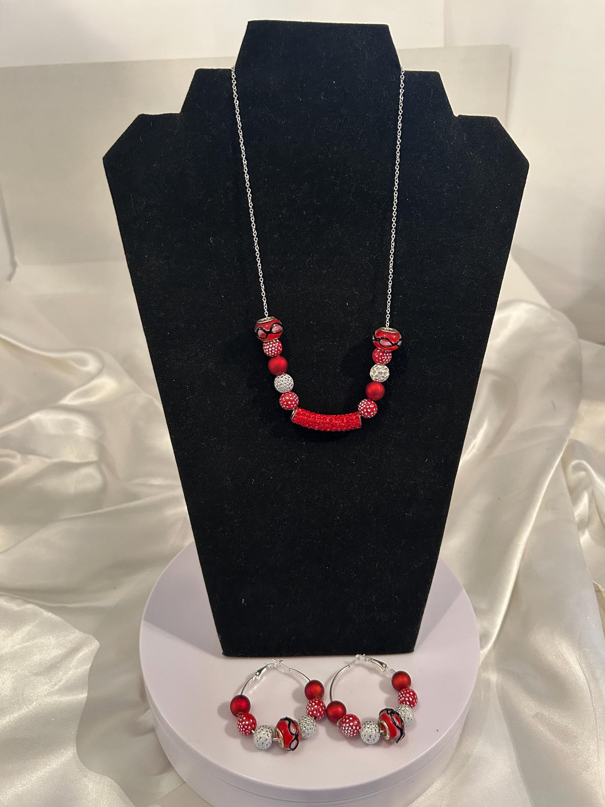 Minimalist red and silver beaded cable chain necklace with matching earrings