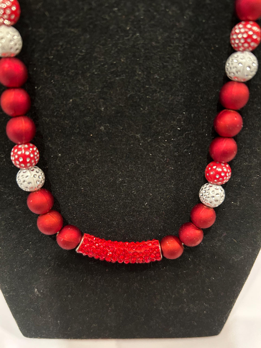 Red and silver sparkling, beaded snake chain 26” necklace.