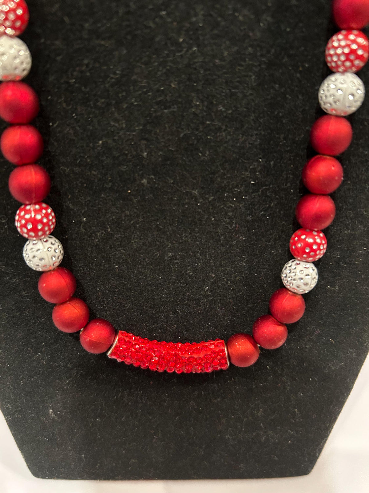 Red and silver sparkling, beaded snake chain 26” necklace.