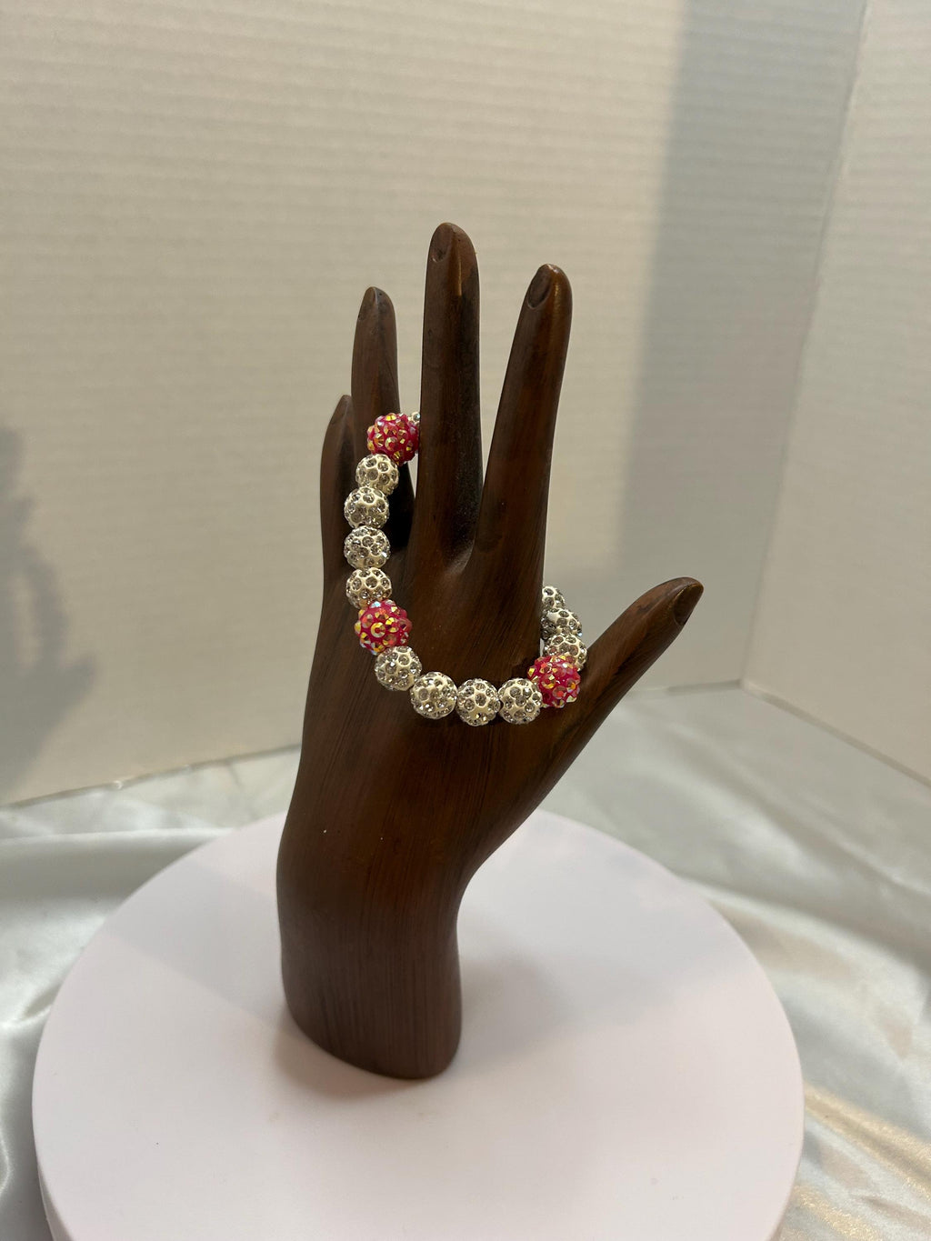 Elegant Silver & Red Rhinestone Beaded Stretch Bracelet