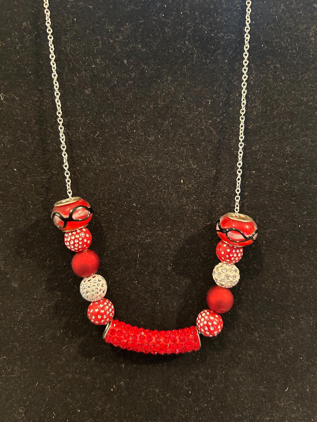 Minimalist red and silver beaded cable chain necklace with matching earrings
