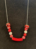 Minimalist red and silver beaded cable chain necklace with matching earrings