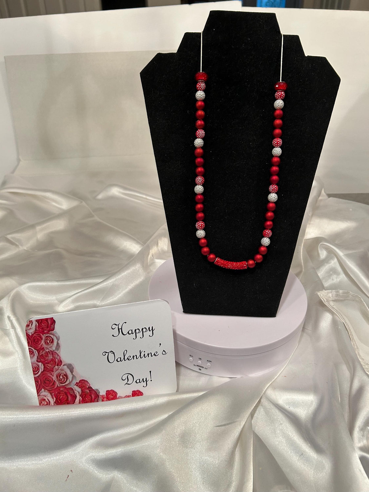 Red and silver sparkling, beaded snake chain 26” necklace.