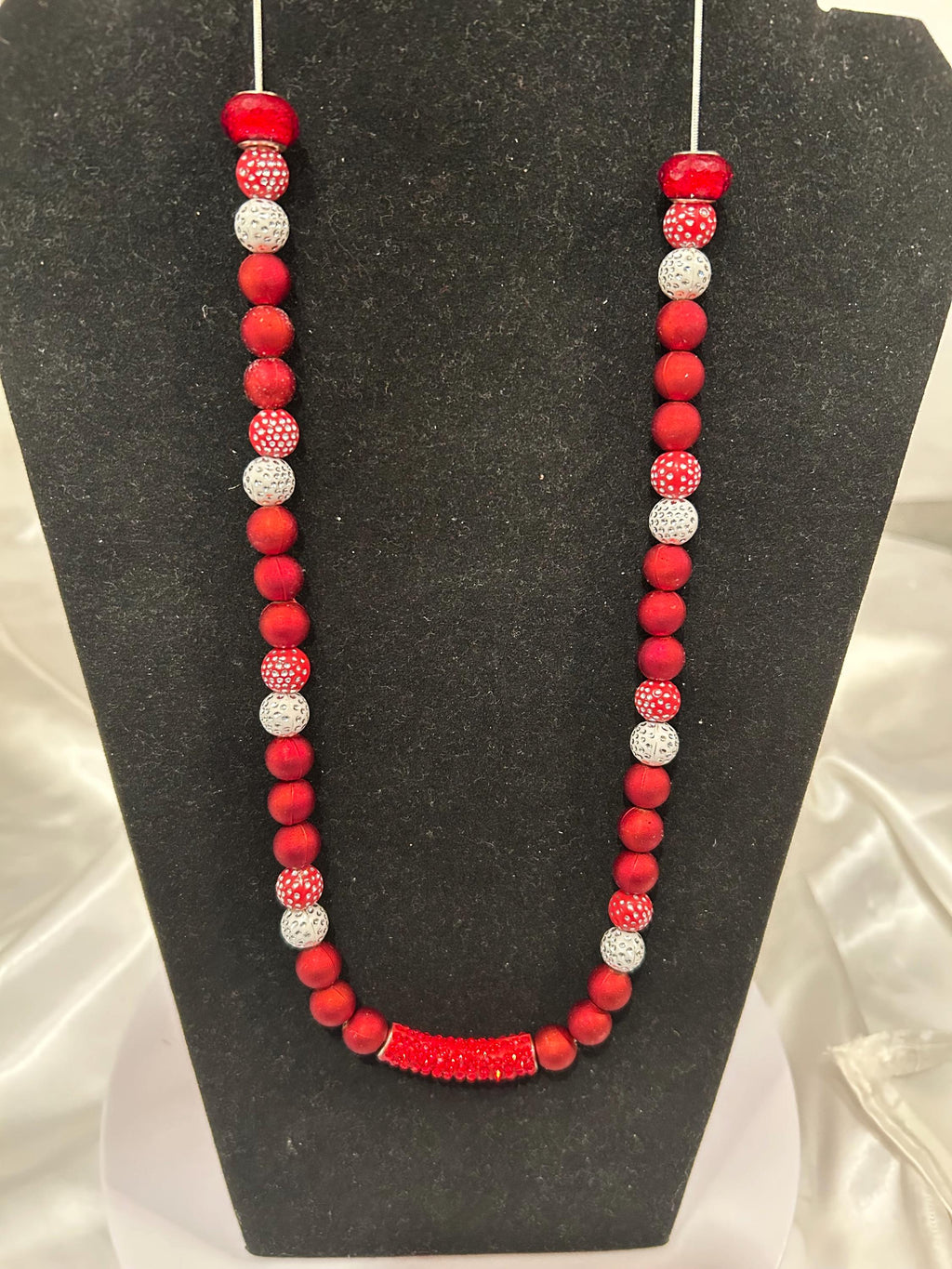 Red and silver sparkling, beaded snake chain 26” necklace.