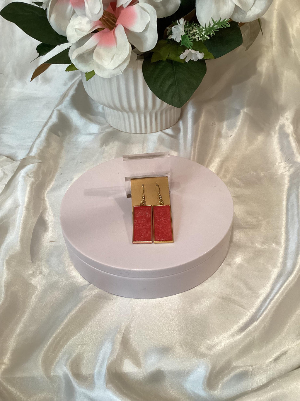 Square Rose-Colored Gold-Tone Hook Earrings