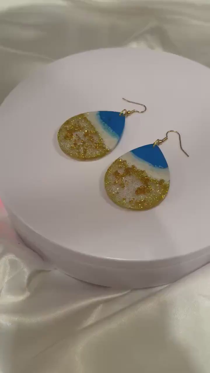 Large Ocean Scene II Oval Earrings with Gold-Toned Hooks