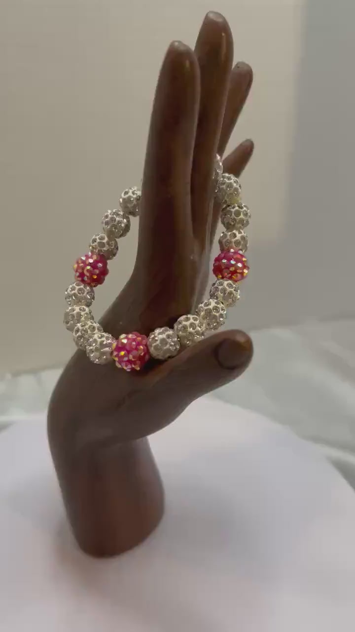 Elegant Silver & Red Rhinestone Beaded Stretch Bracelet