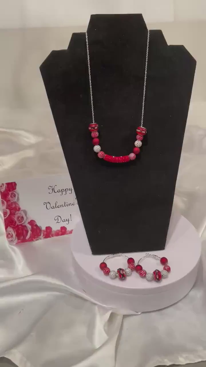 Minimalist Red and Silver Beaded Cable Chain Necklace with Matching Earrings
