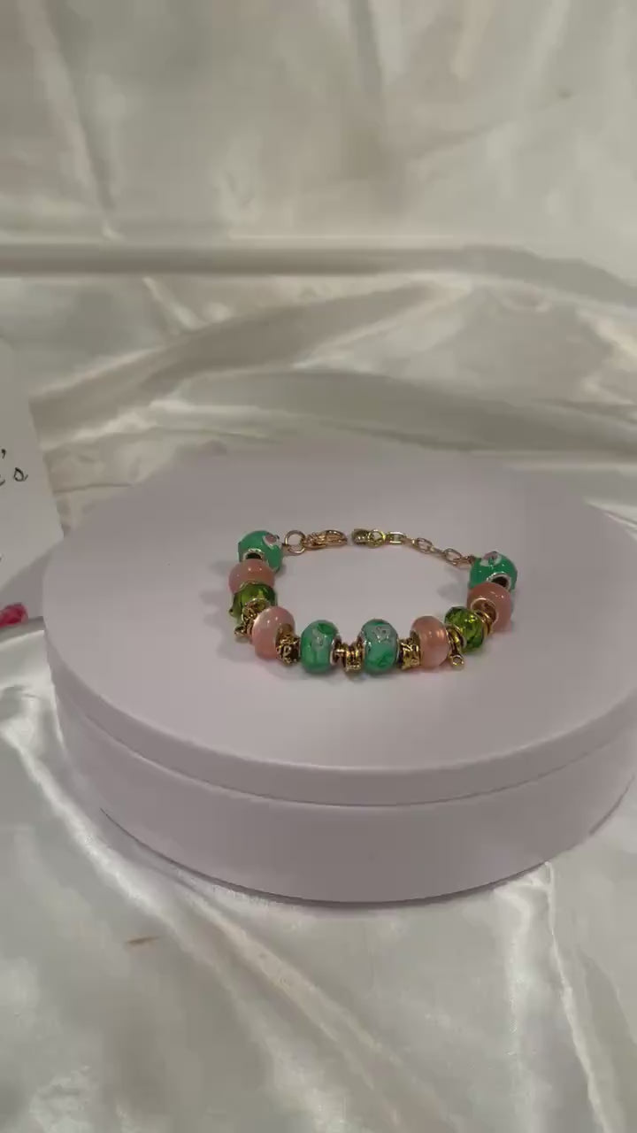 Green, Pink and Gold-Beaded Bracelet