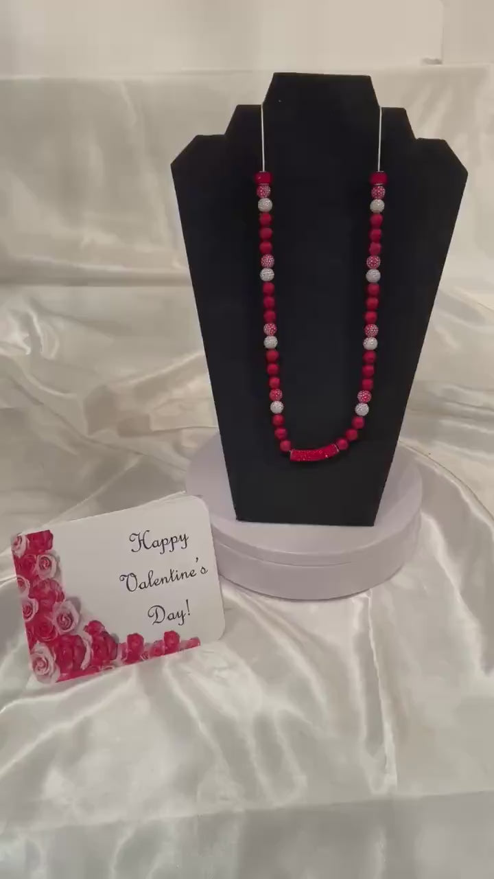 Red and Silver Sparkling, Beaded Snake Chain 26” Necklace